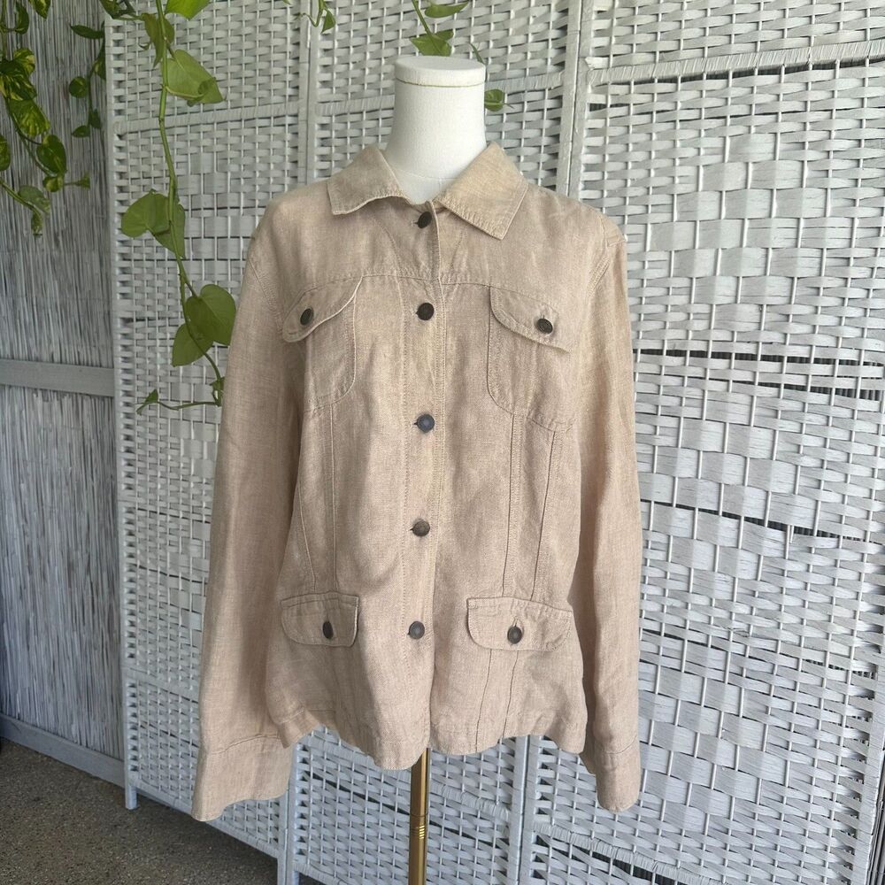 J. Jill Women's L 100% Linen Utility Jacket Work Coat Cream Casual Relaxed